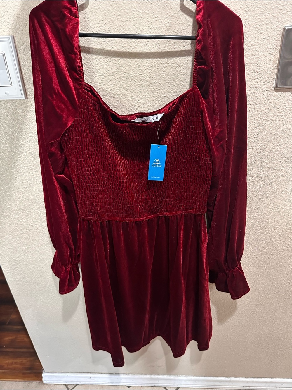 Cupshe Velvet Smocked Long-Sleeve Mini Dress - Burgundy Red